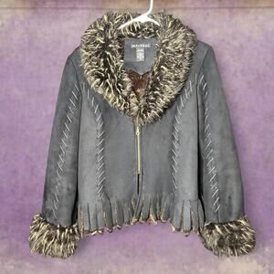 Black faux suede jacket with faux fur trim % fringe